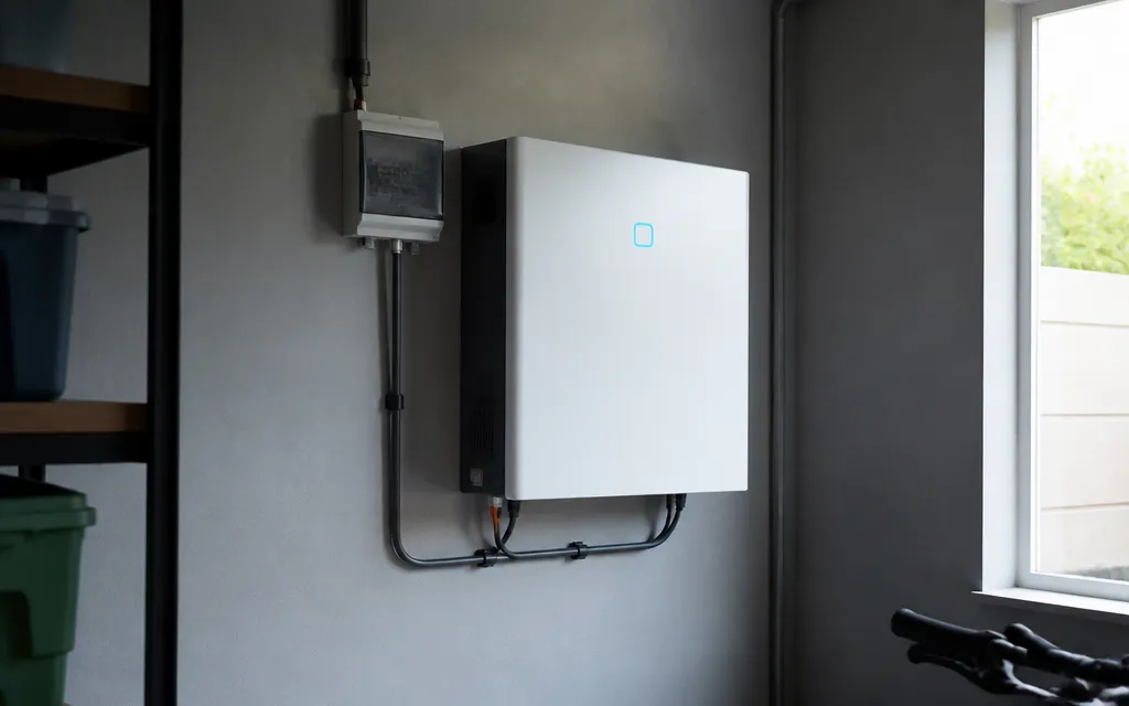 Batterie de stockage domestique murale dans un garage ou un cellier sobre