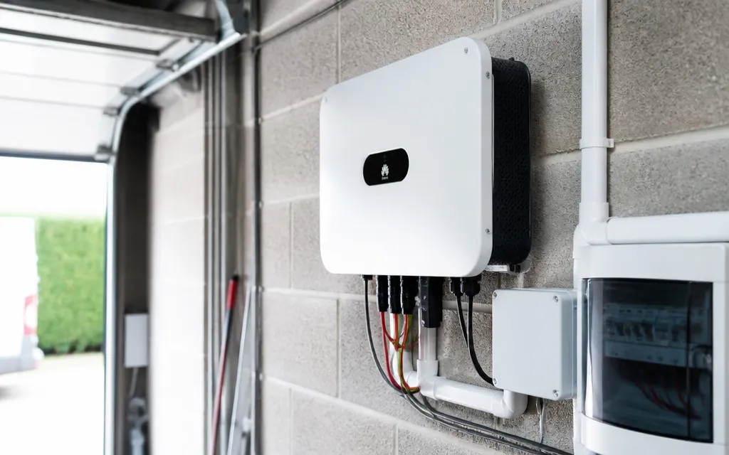 Coffret onduleur photovoltaïque fixé au mur, plan rapproché, câblage électrique ordonné
