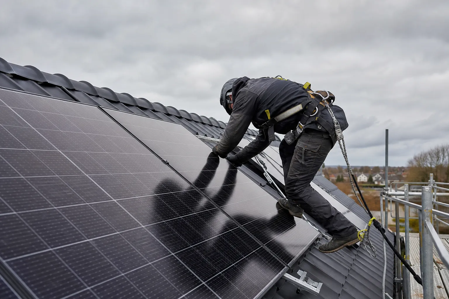 Technicien du bâtiment au travail sur une toiture, harnais de sécurité, geste de fixation d’un panneau photovoltaïque